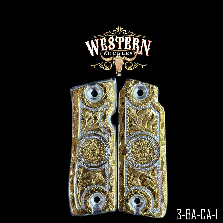 Colt 1911 Aztec Calendar Cachas | Handcrafted by Western Buckles | SKU 3-BA-CA-1