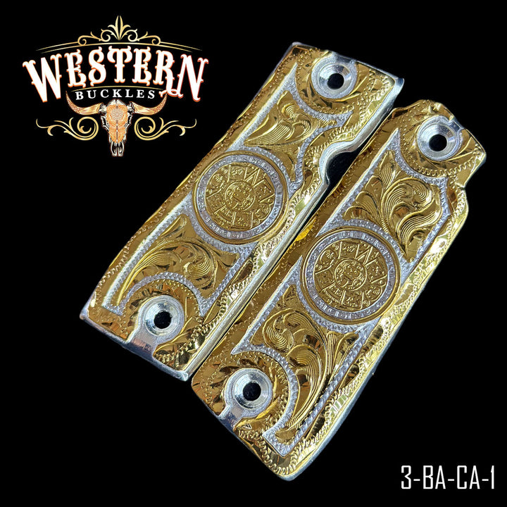 Colt 1911 Aztec Calendar Cachas — Detail View | Western Buckles Handcrafted | SKU 3-BA-CA-1
