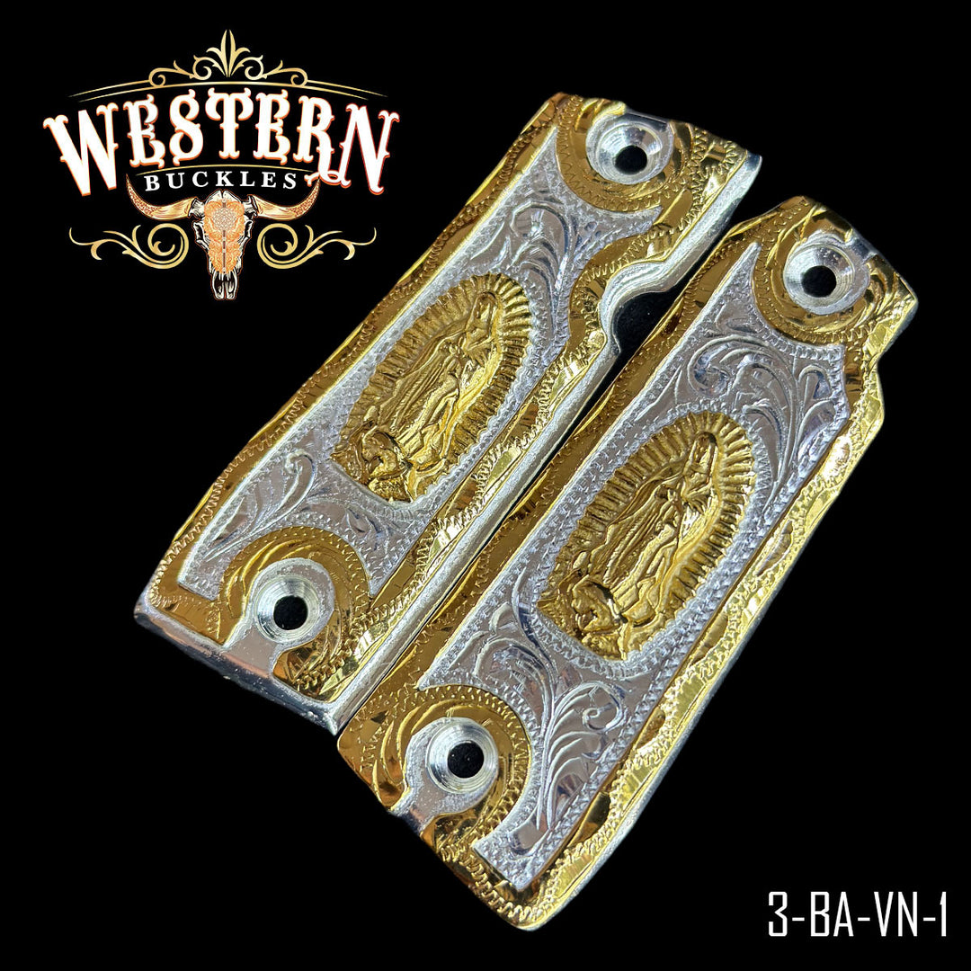 Colt 1911 Virgin of Guadalupe Gun Grips — Detail View | Western Buckles Handcrafted | SKU 3-BA-VN-1