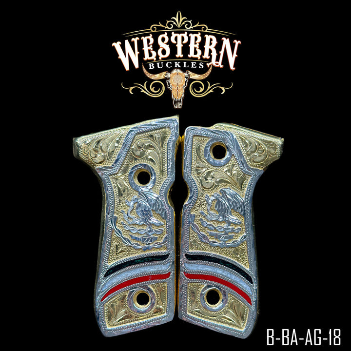 Beretta 92FS Eagle Gun Grips — 24K Gold Plated &amp; .925 Silver Plated | Handcrafted by Western Buckles | SKU B-BA-AG-18