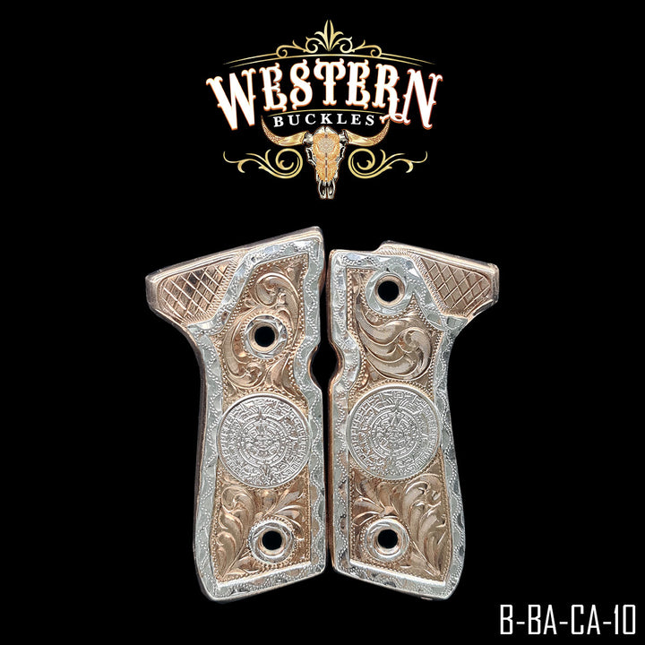 Beretta 92FS Aztec Calendar Gun Grips — Hand-Engraved | Handcrafted by Western Buckles | SKU B-BA-CA-10