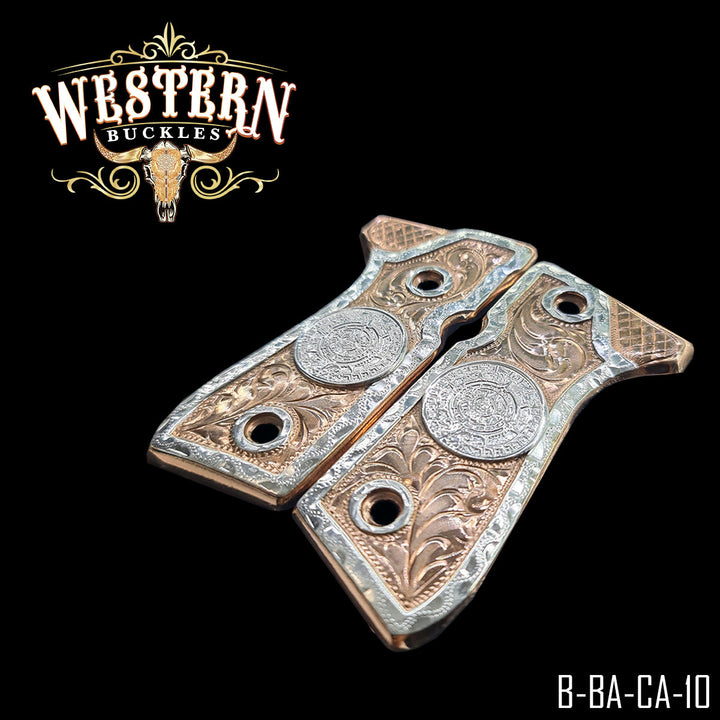 Beretta 92FS Aztec Calendar Gun Grips — Hand-Engraved — Detail View | Western Buckles Handcrafted | SKU B-BA-CA-10