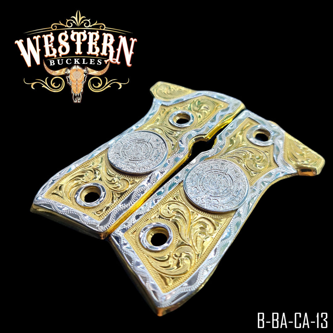 Beretta 92FS Aztec Calendar Cachas — Hand-Engraved — Detail View | Western Buckles Handcrafted | SKU B-BA-CA-13