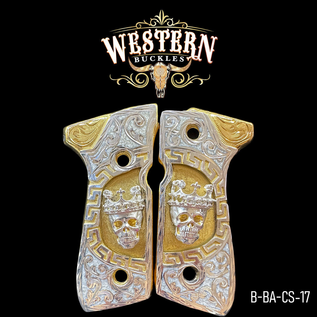 Beretta Skull Gun Grips — Artisan Resin | 24K Gold Plated & .925 Silver Plated | Handcrafted by Western Buckles | SKU B-BA-CS-17