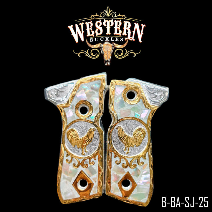 Beretta 92 Rooster Gun Grips — 24K Gold Plated | Handcrafted by Western Buckles | SKU B-BA-MV-25