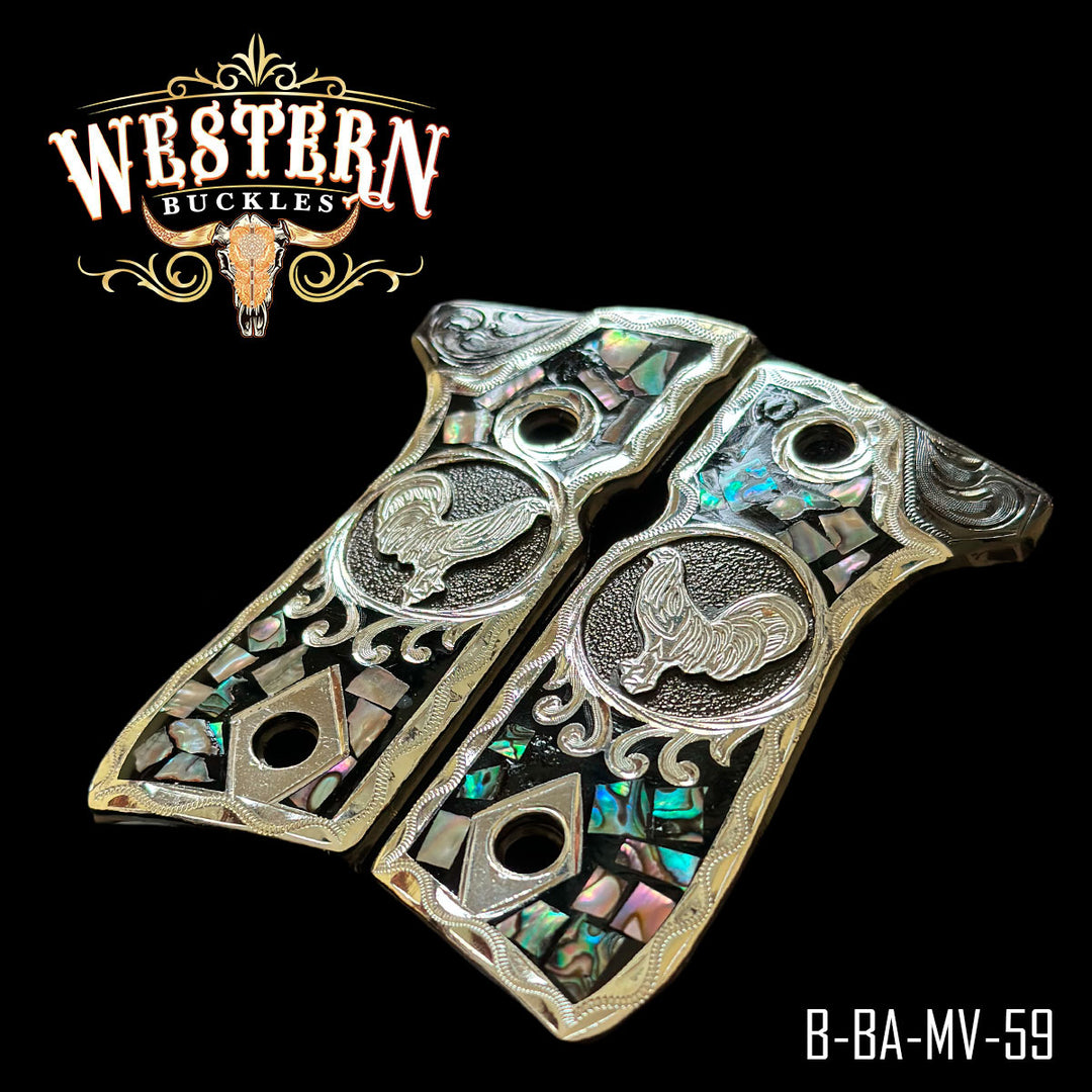 Beretta 92FS Rooster Cachas — Detail View | Western Buckles Handcrafted | SKU B-BA-MV-59