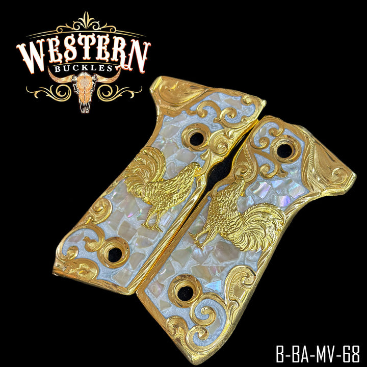 Beretta 92FS Rooster Cachas — Detail View | Western Buckles Handcrafted | SKU B-BA-MV-68