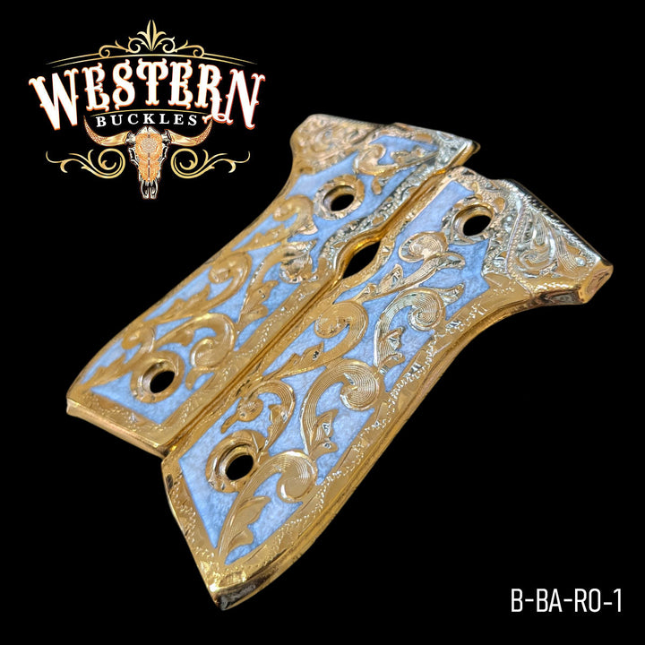 Beretta 92FS Cachas — Artisan Resin | 24K Gold Plated — Detail View | Western Buckles Handcrafted | SKU B-BA-RO-1