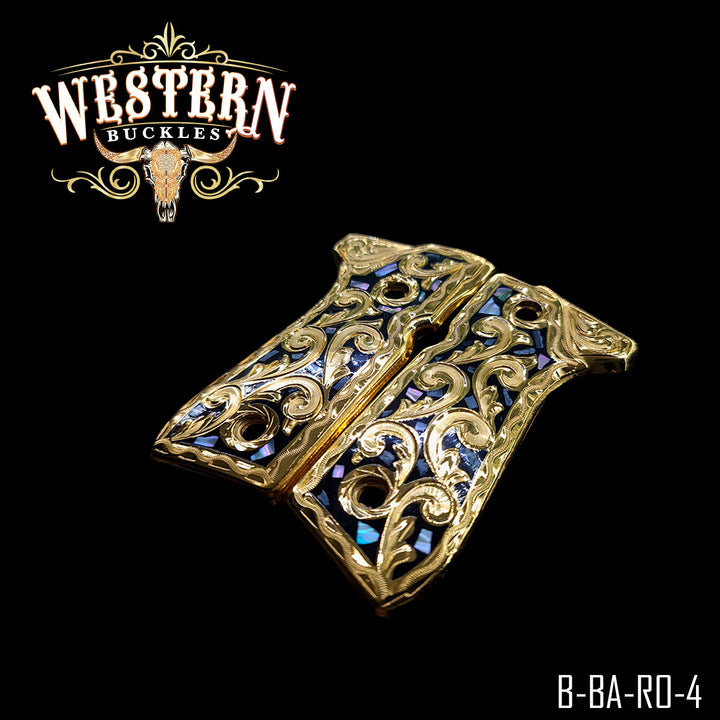 Beretta 92FS Cachas — Hand-Engraved | Nácar — Detail View | Western Buckles Handcrafted | SKU B-BA-RO-4