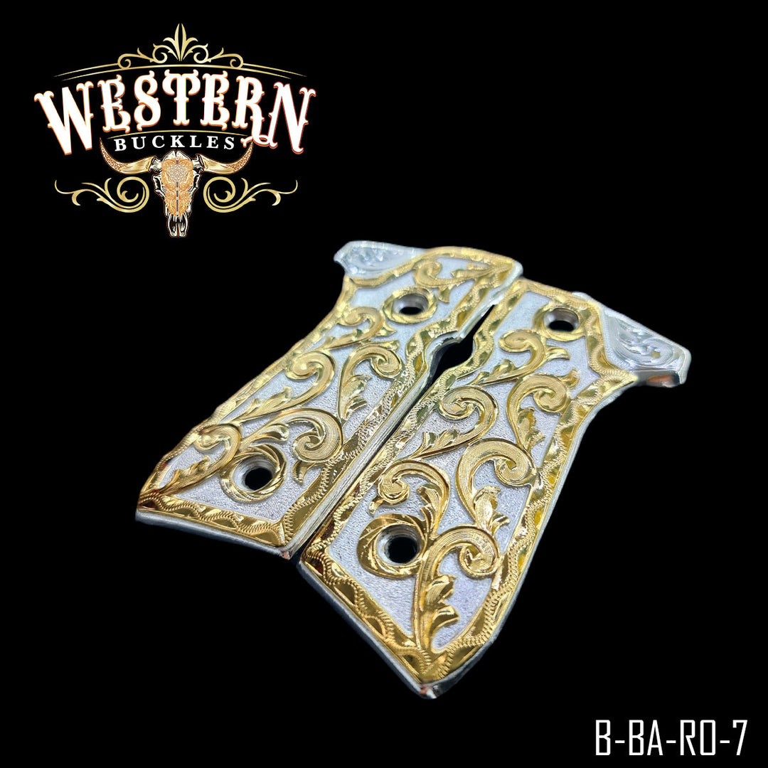 Beretta 92FS Gun Grips — Hand-Engraved — Detail View | Western Buckles Handcrafted | SKU B-BA-RO-7