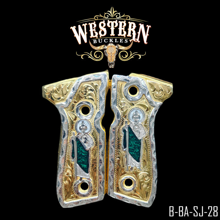 Beretta 92FS San Judas Gun Grips — 24K Gold Plated &amp; .925 Silver Plated | Handcrafted by Western Buckles | SKU B-BA-SJ-28