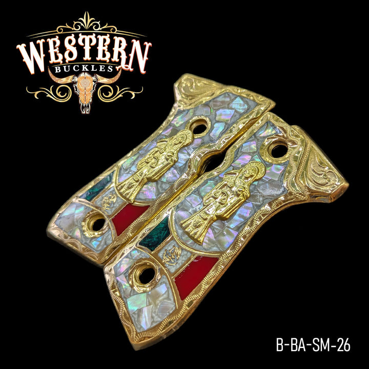 Beretta 92FS Santa Muerte Gun Grips — Detail View | Western Buckles Handcrafted | SKU B-BA-SM-26