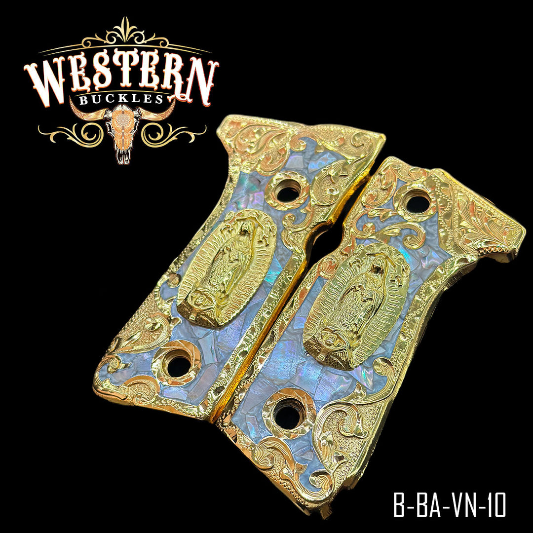 Beretta 92 Virgin of Guadalupe Gun Grips — Detail View | Western Buckles Handcrafted | SKU B-BA-VN-10