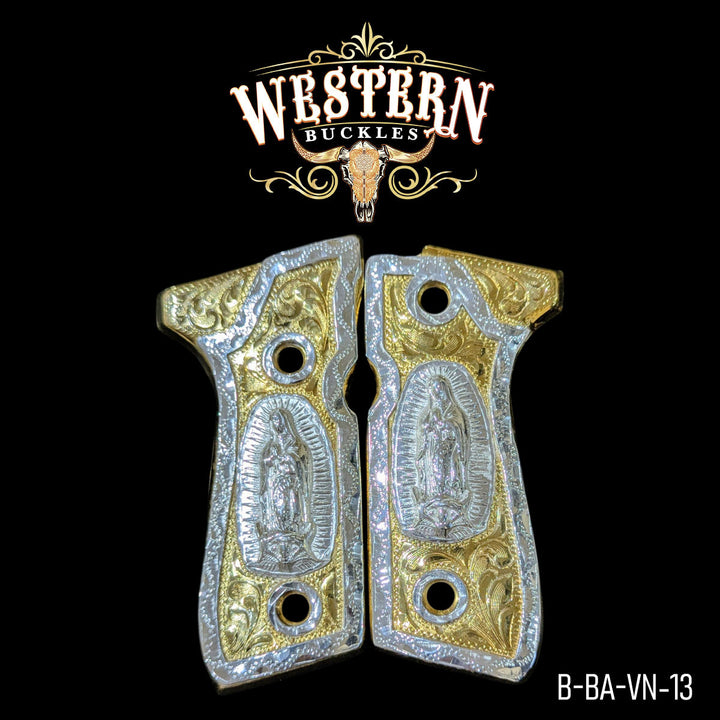 Beretta 92FS Virgin of Guadalupe Gun Grips — 24K Gold Plated &amp; .925 Silver Plated | Handcrafted by Western Buckles | SKU B-BA-VN-13