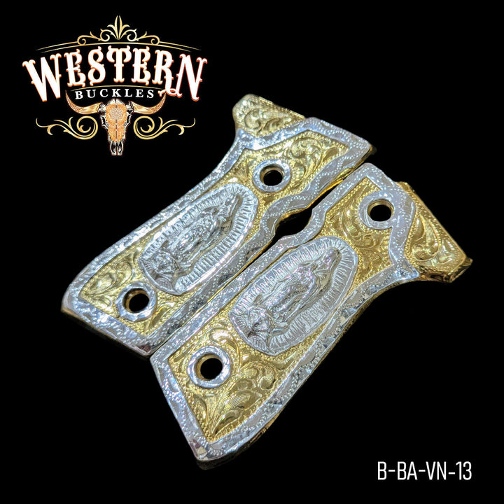 Beretta 92FS Virgin of Guadalupe Gun Grips — 24K Gold Plated &amp; .925 Silver Plated — Detail View | Western Buckles Handcrafted | SKU B-BA-VN-13