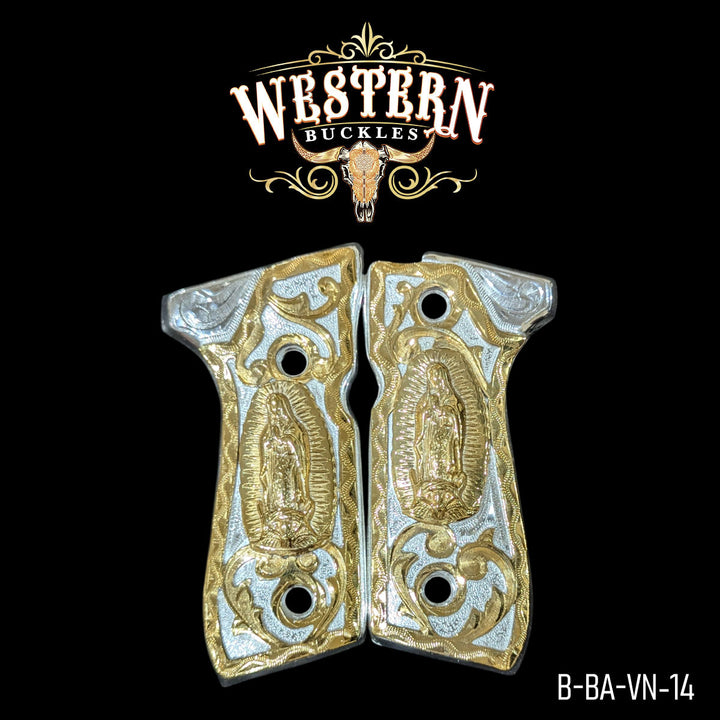 Beretta 92FS Virgin of Guadalupe Gun Grips — Hand-Engraved | 24K Gold Plated &amp; .925 Silver Plated | Handcrafted by Western Buckles | SKU B-BA-VN-14