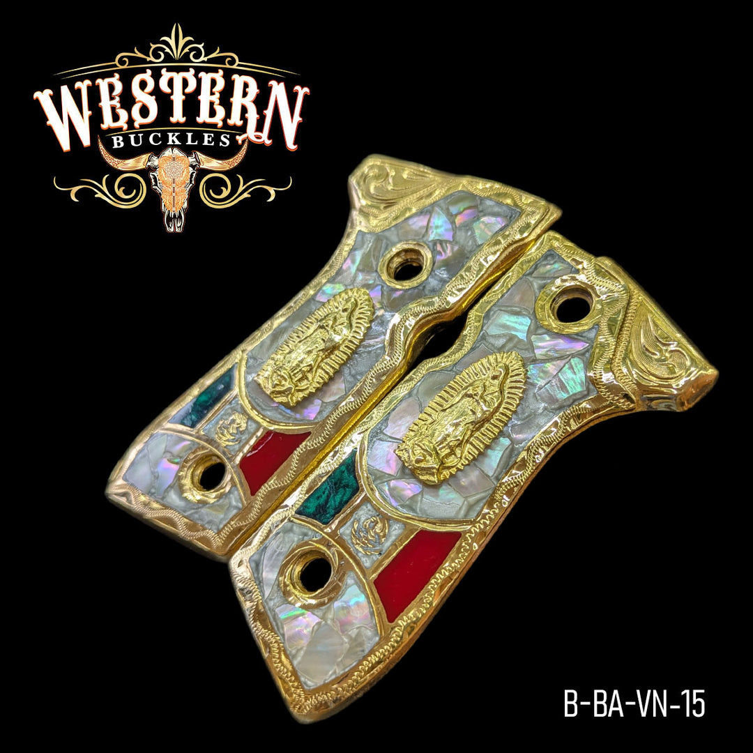 Beretta 92FS Virgin of Guadalupe Cachas — Detail View | Western Buckles Handcrafted | SKU B-BA-VN-15