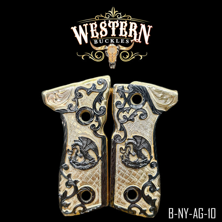 Beretta 92FS Eagle Cachas — 24K Gold Plated &amp; Nickel | Handcrafted by Western Buckles | SKU B-NY-AG-10