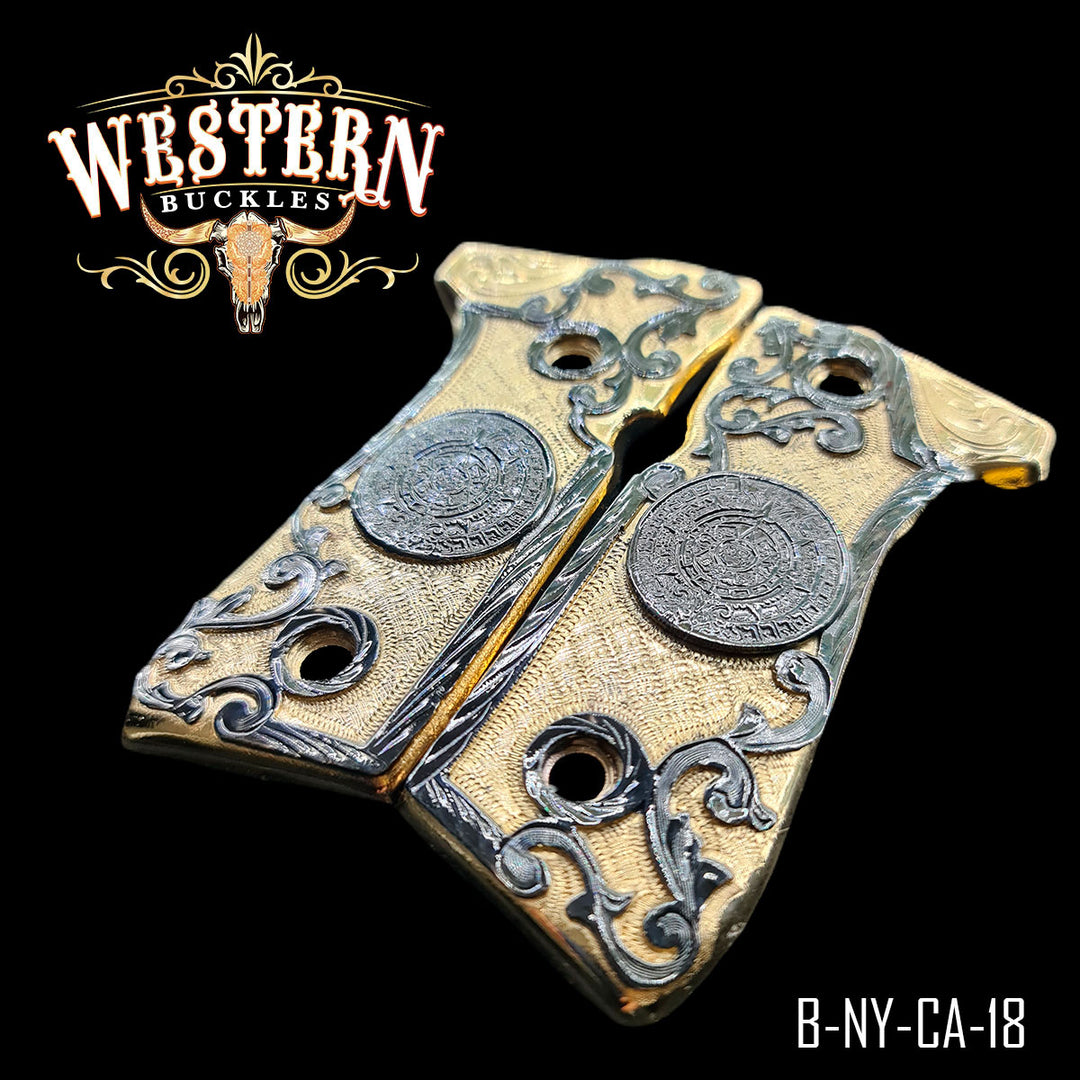 Beretta 92FS Aztec Calendar Cachas — Hand-Engraved — Detail View | Western Buckles Handcrafted | SKU B-NY-CA-18