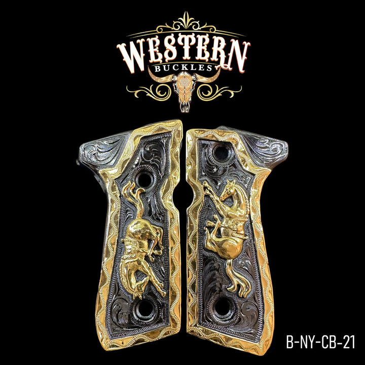 Beretta 92FS Horse Gun Grips — 24K Gold Plated &amp; Nickel | Handcrafted by Western Buckles | SKU B-NY-CB-21