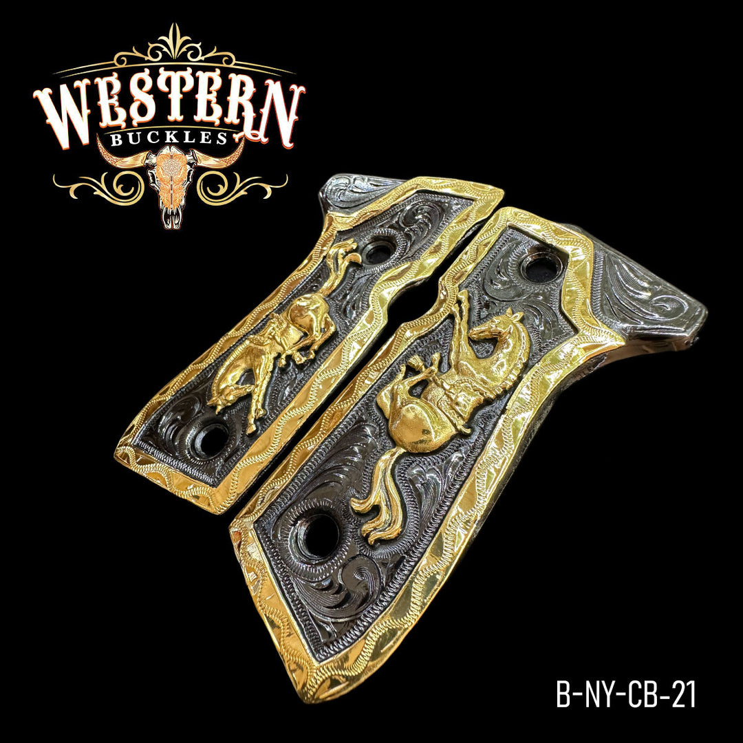 Beretta 92FS Horse Gun Grips — 24K Gold Plated &amp; Nickel — Detail View | Western Buckles Handcrafted | SKU B-NY-CB-21