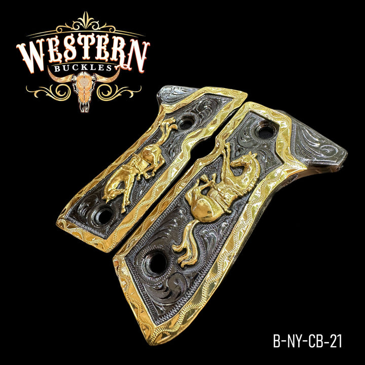 Beretta 92FS Horse Gun Grips — 24K Gold Plated &amp; Nickel — Detail View | Western Buckles Handcrafted | SKU B-NY-CB-21