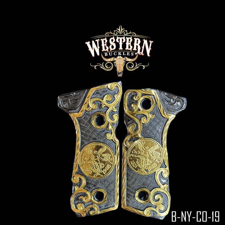 Beretta 92FS Centenario Gun Grips — 24K Gold Plated &amp; Nickel | Handcrafted by Western Buckles | SKU B-NY-CO-19