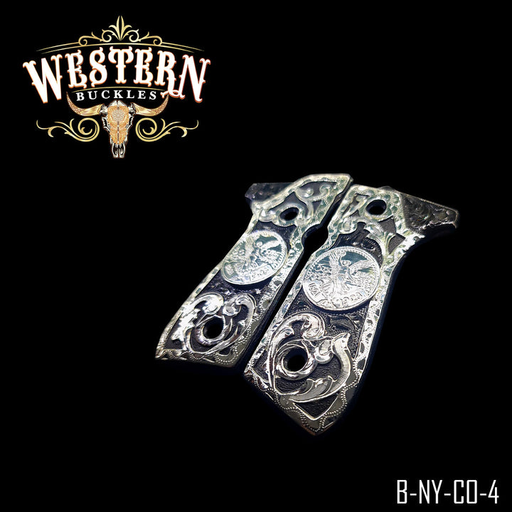 Beretta 92FS Centenario Floral Cachas — .925 Silver Plated &amp; Black Nickel — Detail View | Western Buckles Handcrafted | SKU B-NY-CO-4