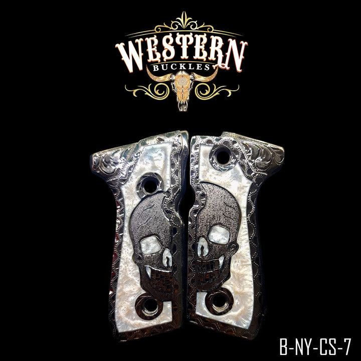 Beretta 92FS Skull Cachas — Artisan Resin | Nickel | Handcrafted by Western Buckles | SKU B-NY-CS-7