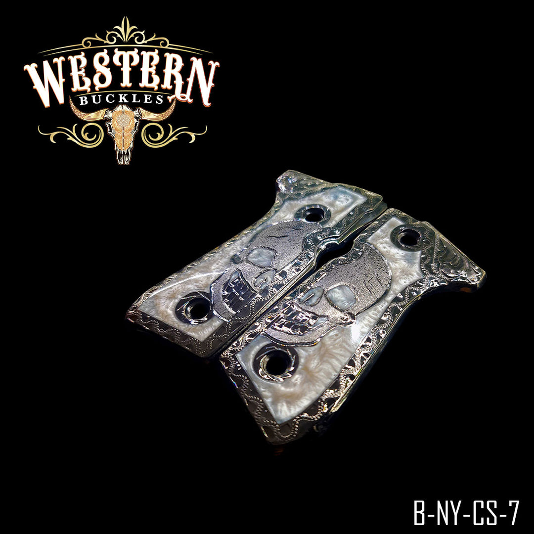 Beretta 92FS Skull Cachas — Artisan Resin | Nickel — Detail View | Western Buckles Handcrafted | SKU B-NY-CS-7