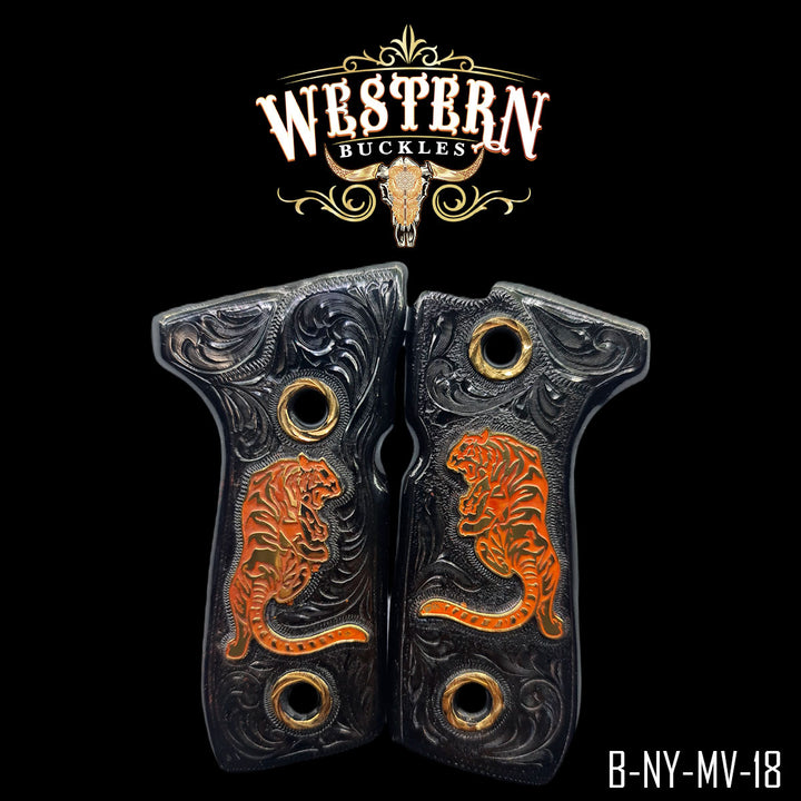 Beretta 92FS Centenario Gun Grips — 24K Gold Plated &amp; Black Nickel | Handcrafted by Western Buckles | SKU B-NY-MV-18
