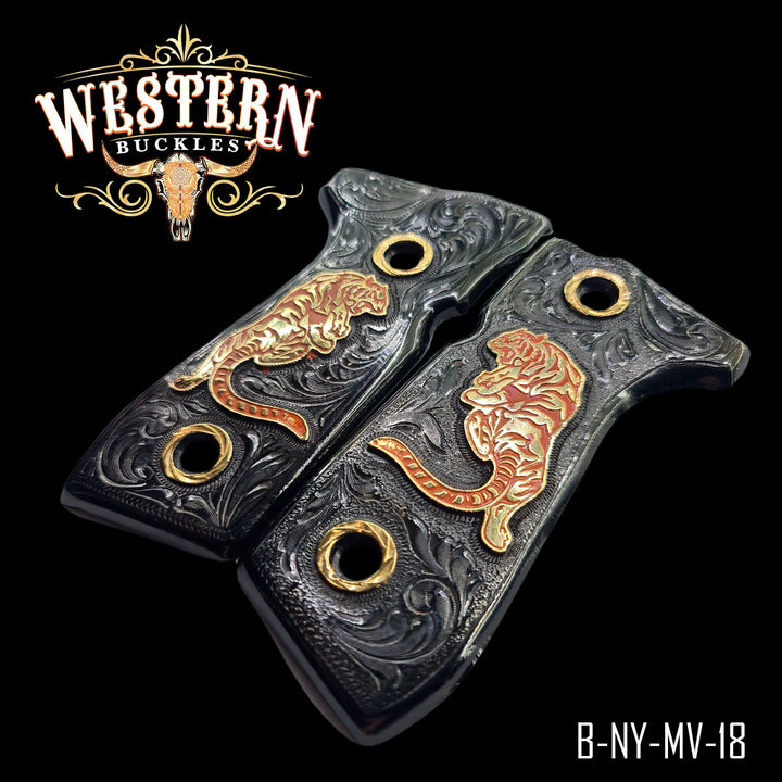 Beretta 92FS Centenario Gun Grips — 24K Gold Plated &amp; Black Nickel — Detail View | Western Buckles Handcrafted | SKU B-NY-MV-18