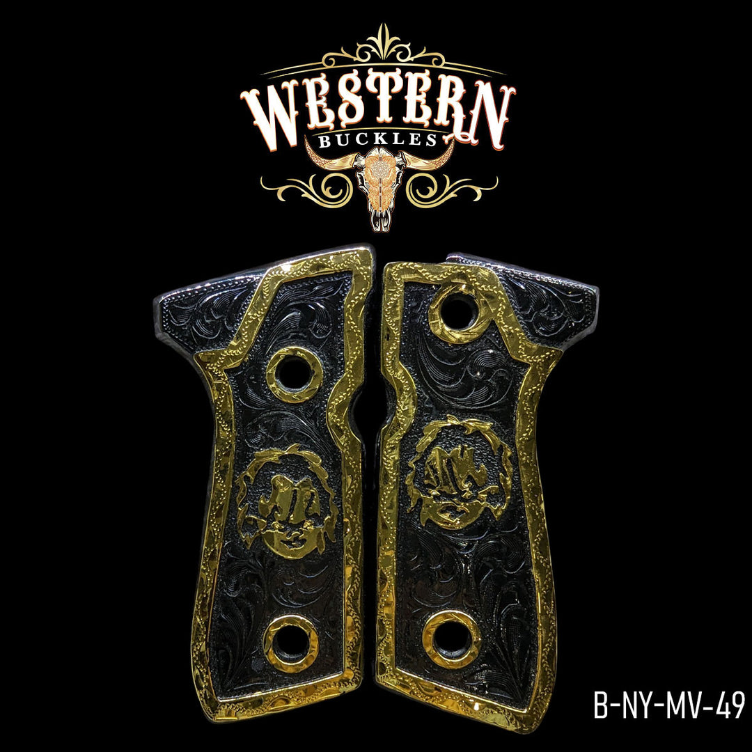 Beretta 92FS Gun Grips — 24K Gold Plated & Black Nickel | Handcrafted by Western Buckles | SKU B-NY-MV-49