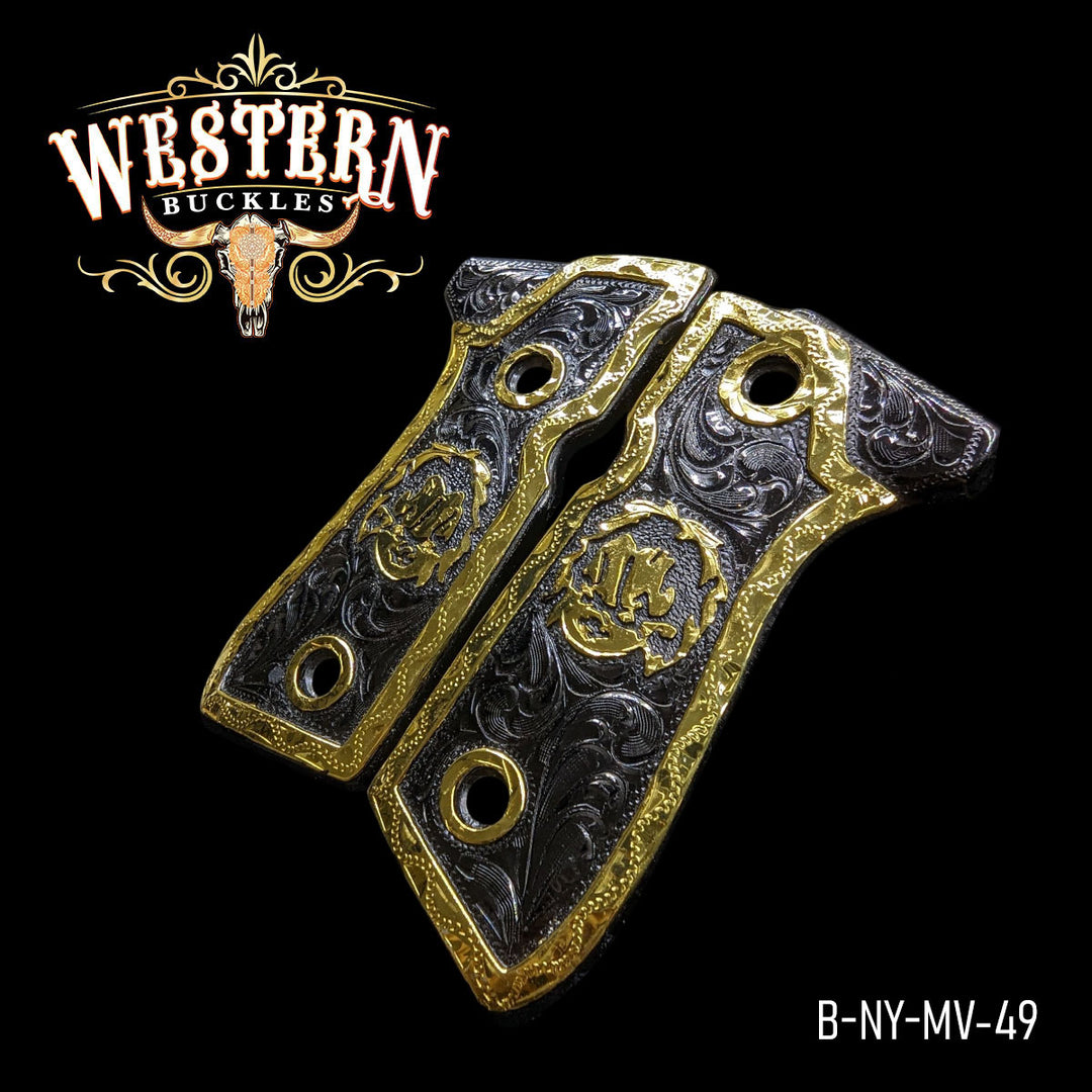 Beretta 92FS Gun Grips — 24K Gold Plated &amp; Black Nickel — Detail View | Western Buckles Handcrafted | SKU B-NY-MV-49