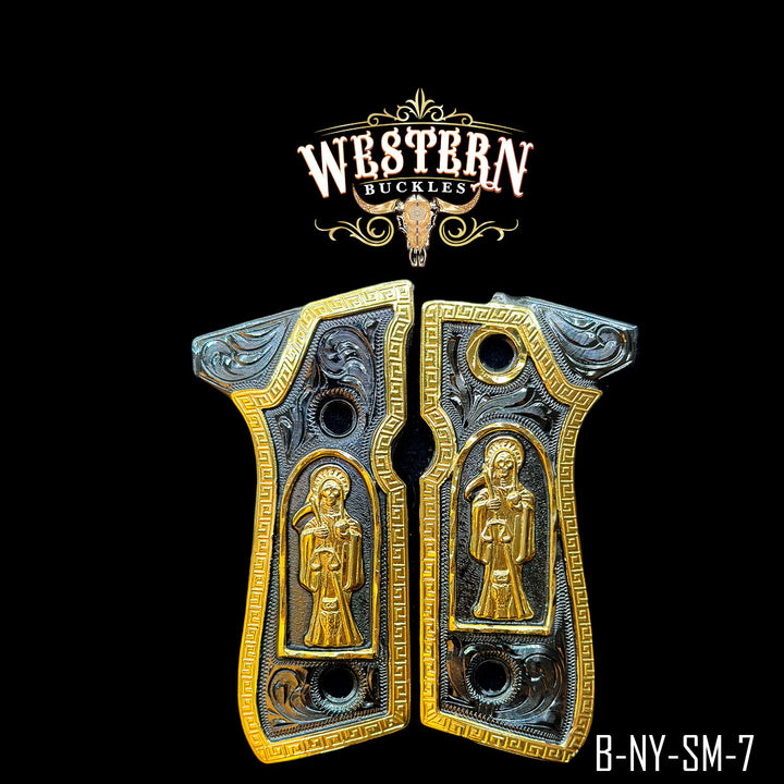 Beretta Santa Muerte Cachas — 24K Gold Plated &amp; Nickel | Handcrafted by Western Buckles | SKU B-NY-SM-7