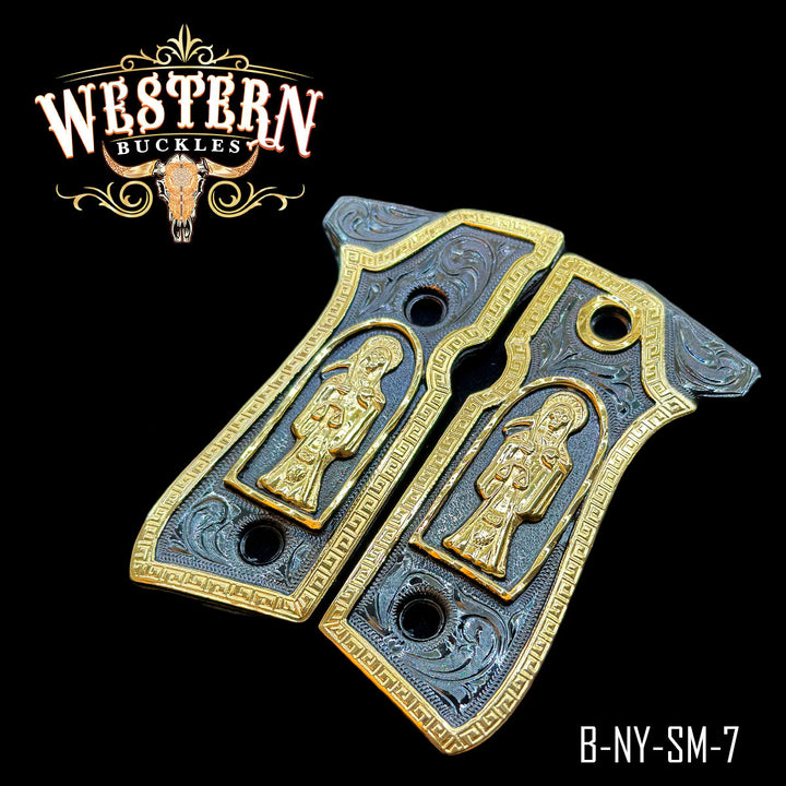 Beretta Santa Muerte Cachas — 24K Gold Plated &amp; Nickel — Detail View | Western Buckles Handcrafted | SKU B-NY-SM-7