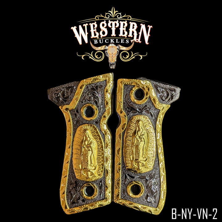 Beretta 92FS Virgin of Guadalupe Gun Grips — 24K Gold Plated &amp; Black Nickel | Handcrafted by Western Buckles | SKU B-NY-VN-2