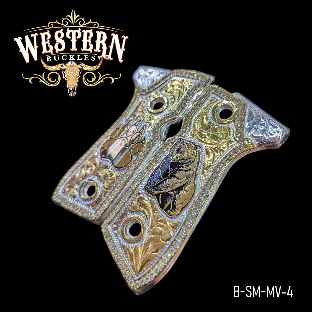 Beretta 92FS Cachas — Hand-Engraved | 24K Gold Plated — Detail View | Western Buckles Handcrafted | SKU B-SM-MV-4