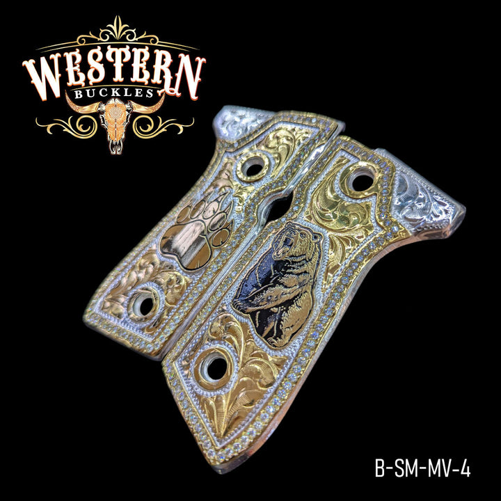 Beretta 92FS Cachas — Hand-Engraved | 24K Gold Plated — Detail View | Western Buckles Handcrafted | SKU B-SM-MV-4