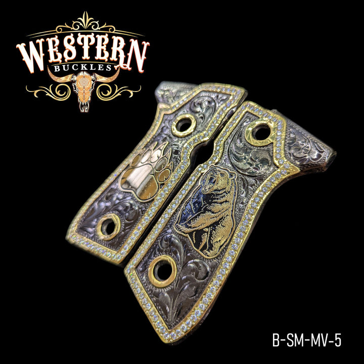 Beretta 92FS Cachas — Hand-Engraved | Black Nickel — Detail View | Western Buckles Handcrafted | SKU B-SM-MV-5
