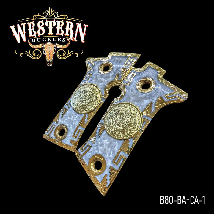 Beretta 80X Aztec Calendar Cachas — Artisan Resin | 24K Gold Plated — Detail View | Western Buckles Handcrafted | SKU B80-BA-CA-1
