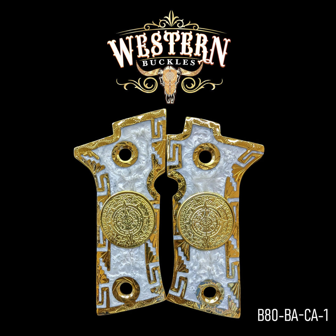 Beretta 80X Aztec Calendar Cachas — Artisan Resin | 24K Gold Plated | Handcrafted by Western Buckles | SKU B80-BA-CA-1
