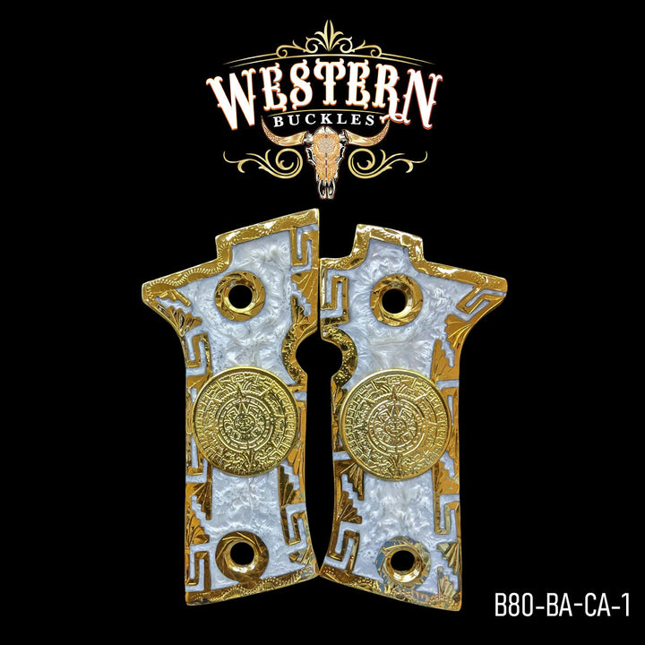 Beretta 80X Aztec Calendar Cachas — Artisan Resin | 24K Gold Plated | Handcrafted by Western Buckles | SKU B80-BA-CA-1