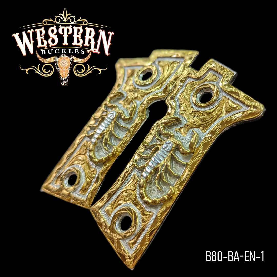 Beretta 80X Scorpion Cachas — 24K Gold Plated — Detail View | Western Buckles Handcrafted | SKU B80-BA-EN-1