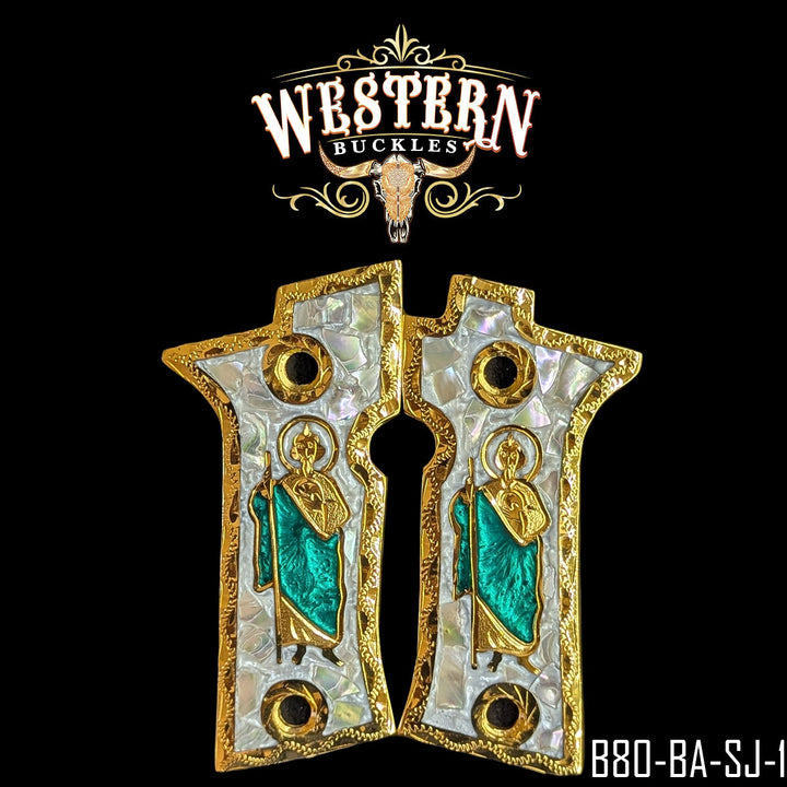 Beretta 80X San Judas Cachas — 24K Gold Plated &amp; .925 Silver Plated | Handcrafted by Western Buckles | SKU B80-BA-SJ-1