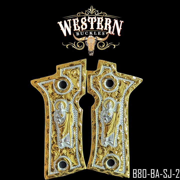 Beretta 80X San Judas Cachas — 24K Gold Plated &amp; .925 Silver Plated | Handcrafted by Western Buckles | SKU B80-BA-SJ-2