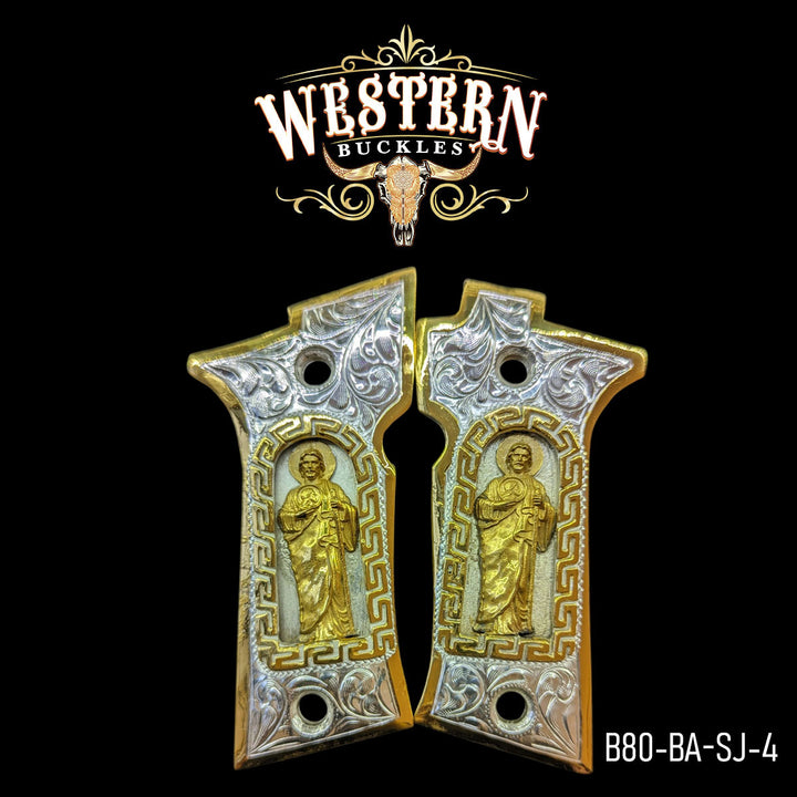 Beretta 80X San Judas Gun Grips — 24K Gold Plated &amp; .925 Silver Plated | Handcrafted by Western Buckles | SKU B80-BA-SJ-4