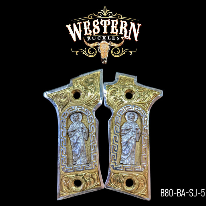 Beretta 80X San Judas Cachas — Hand-Engraved | .925 Silver Plated | Handcrafted by Western Buckles | SKU B80-BA-SJ-5