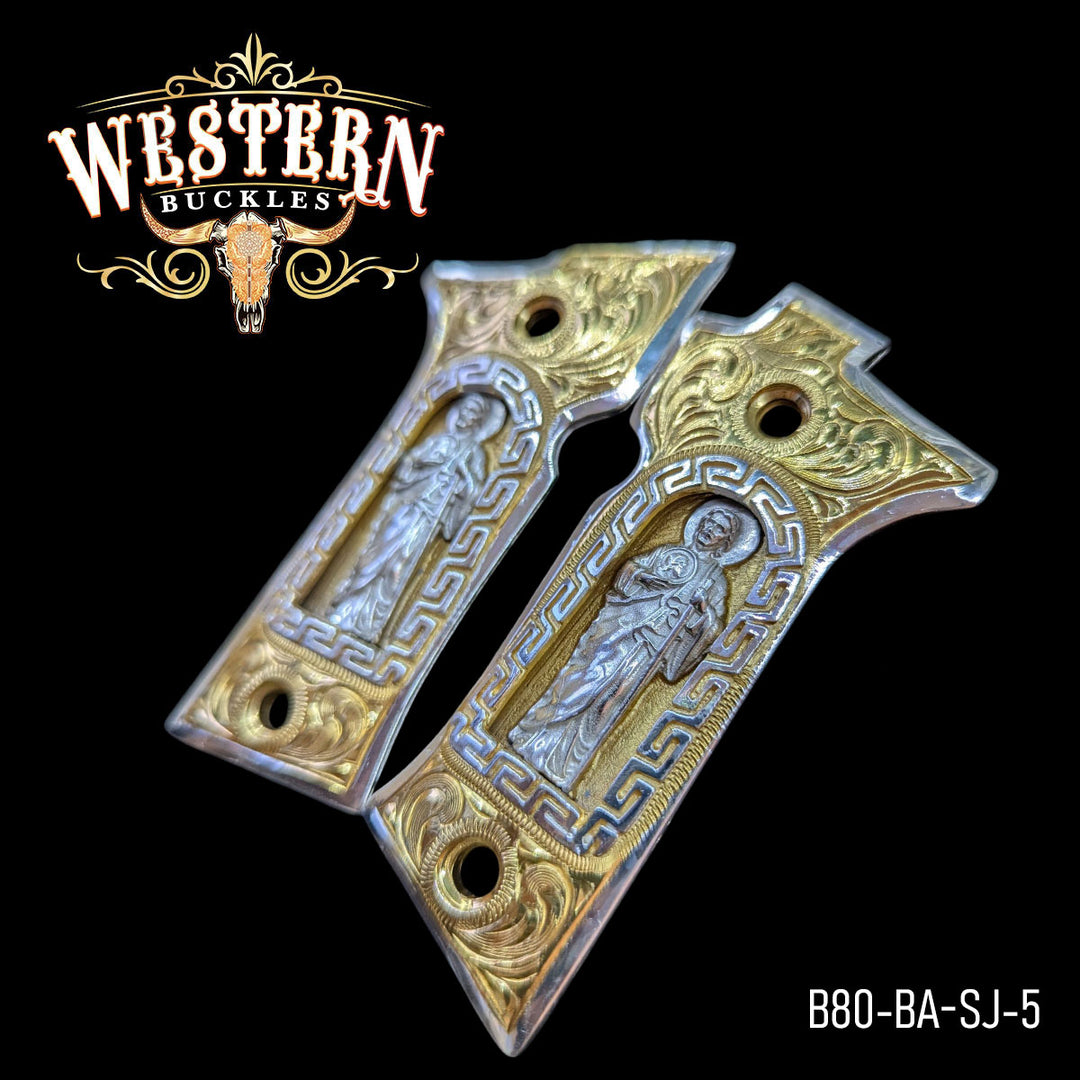 Beretta 80X San Judas Cachas — Hand-Engraved | .925 Silver Plated — Detail View | Western Buckles Handcrafted | SKU B80-BA-SJ-5