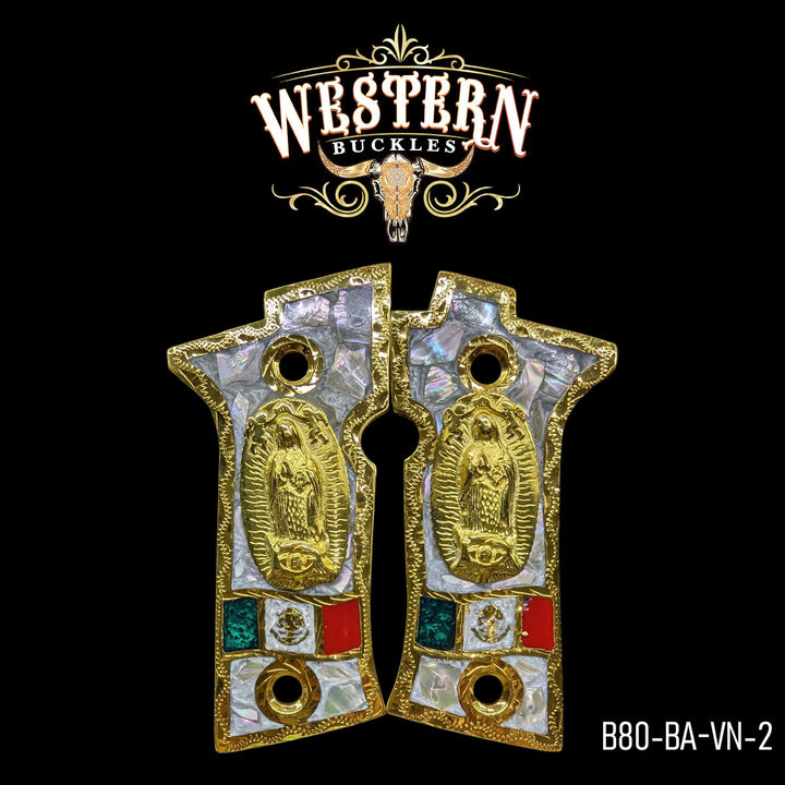 Beretta 80X Virgin of Guadalupe Gun Grips — Artisan Resin | 24K Gold Plated | Handcrafted by Western Buckles | SKU B80-BA-VN-2
